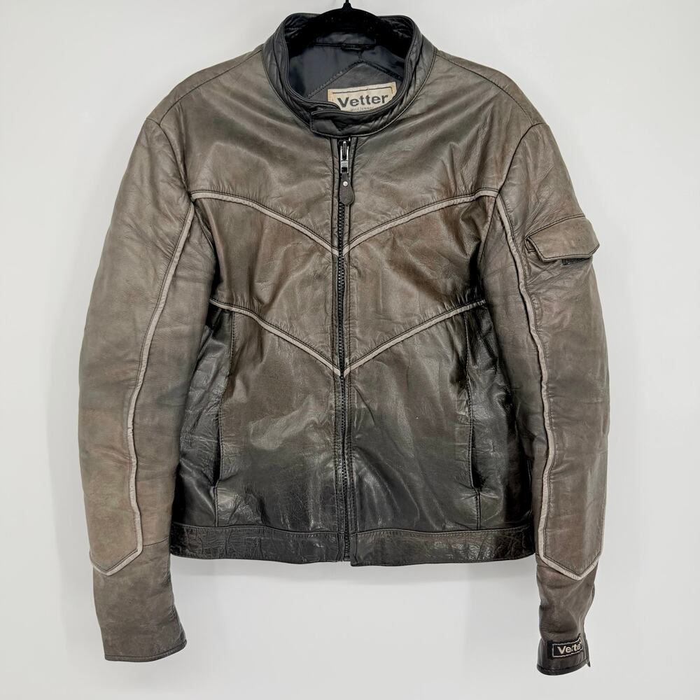 VTG Vetter Leather Motorcycle Jacket Mens 46 XL Cafe Racer Black Zip Cuff Grunge